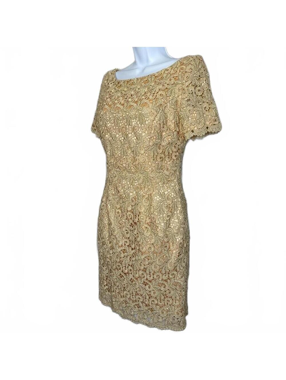 Vintage Jessica McClintock Gold and Cream Lace Dress Size 4 90s Bateau Neck